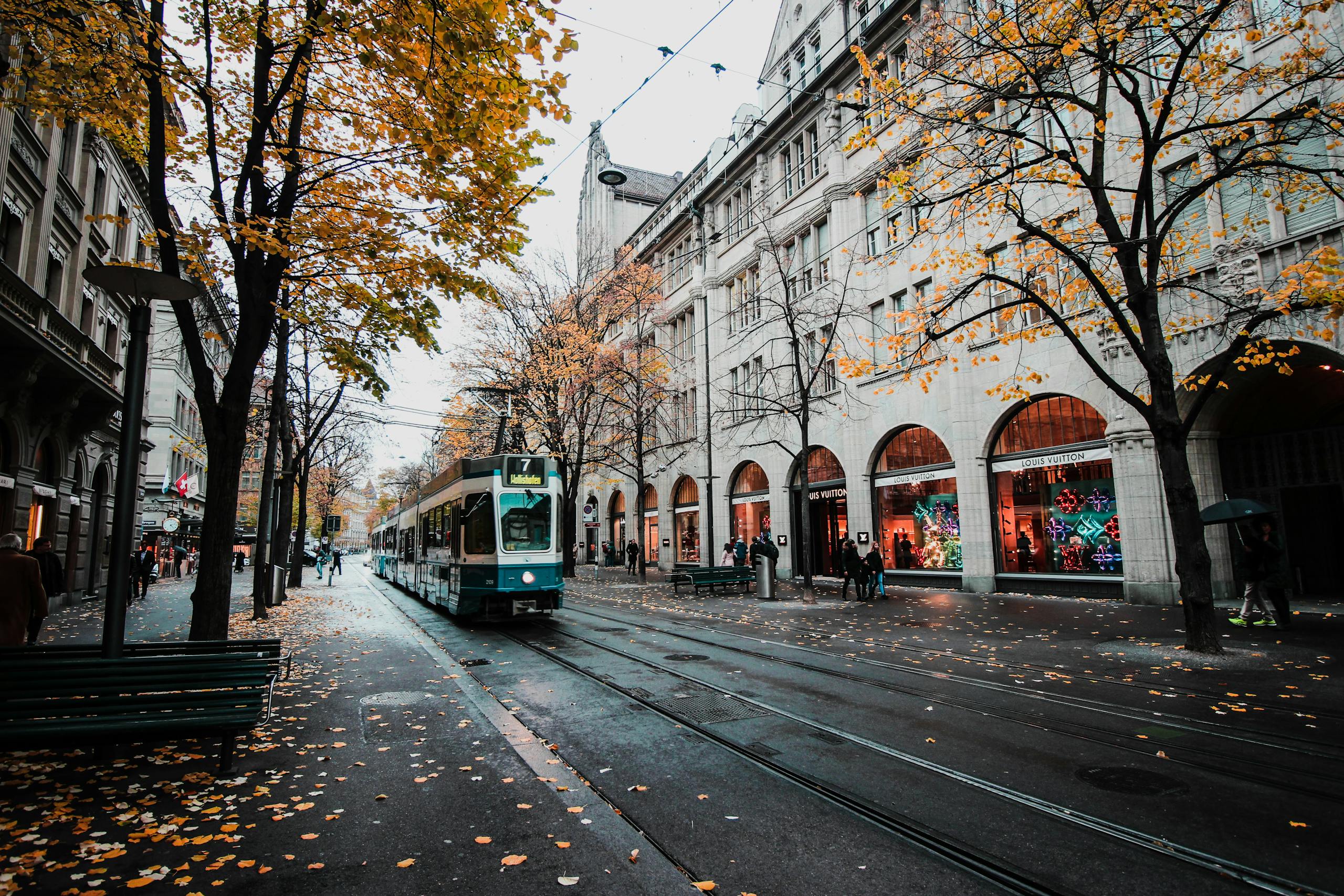 A tram travels down a leaf-strewn street in autumnal Zürich, Switzerland's urban landscape.